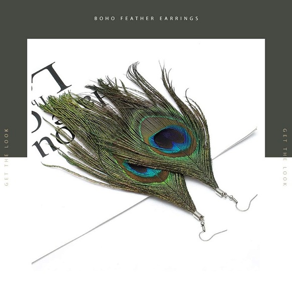 “Showtime” Peacock Bird Feather Statement Earrings - Picture 3 of 12